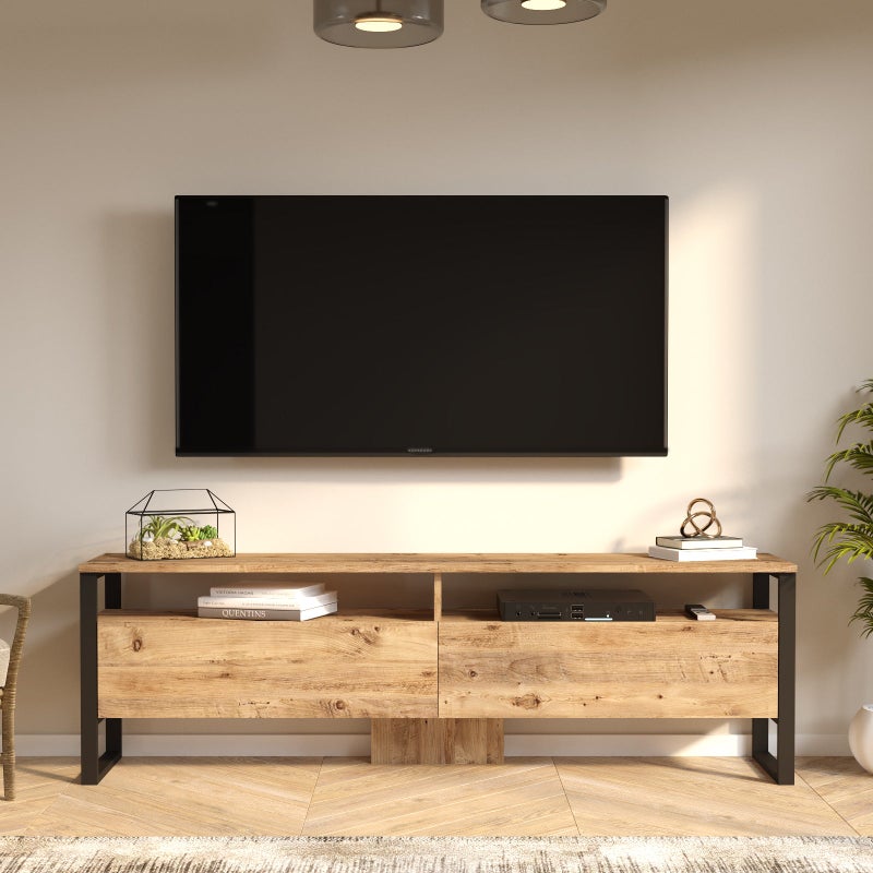 Home Canvas Royal TV Unit – Pine Wood Finish | Modern TV Stand with Metal Legs | Upto 75 inch TV - Image 2